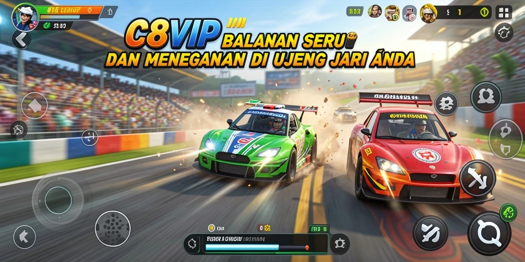 Tampilan gameplay menegangkan saat balapan di C8VIP dengan mobil-mobil cepat.