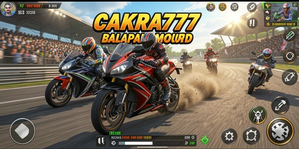 Tangkapan layar permainan CAKRA777 menampilkan balapan motor yang intens dan mendebarkan.