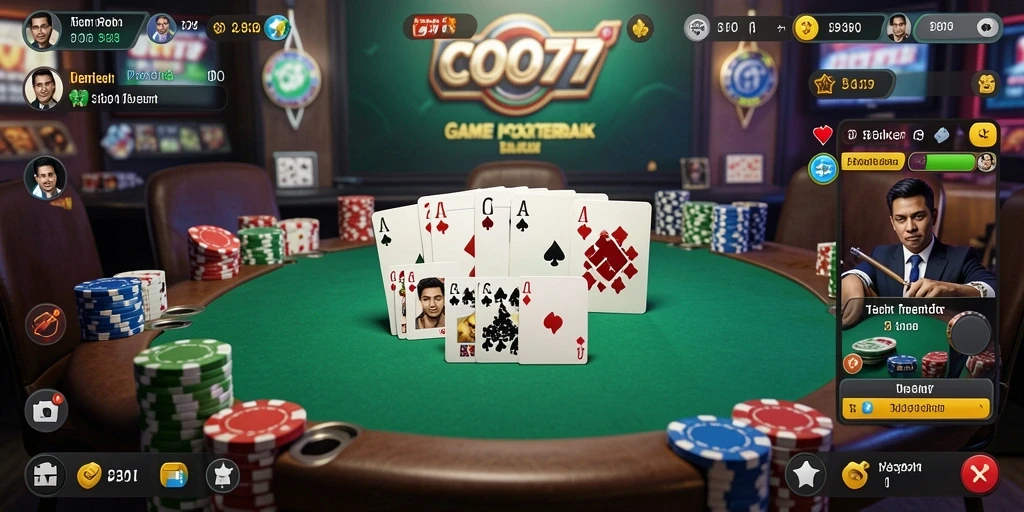 Tampilan seru gameplay Poker di COO77 dengan pengaturan kartu yang menegangkan.
