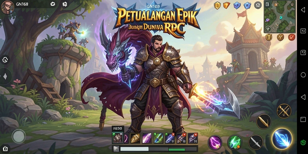 Screenshot gameplay RPG GN168 menunjukkan pertempuran yang menarik dan dunia yang luas.