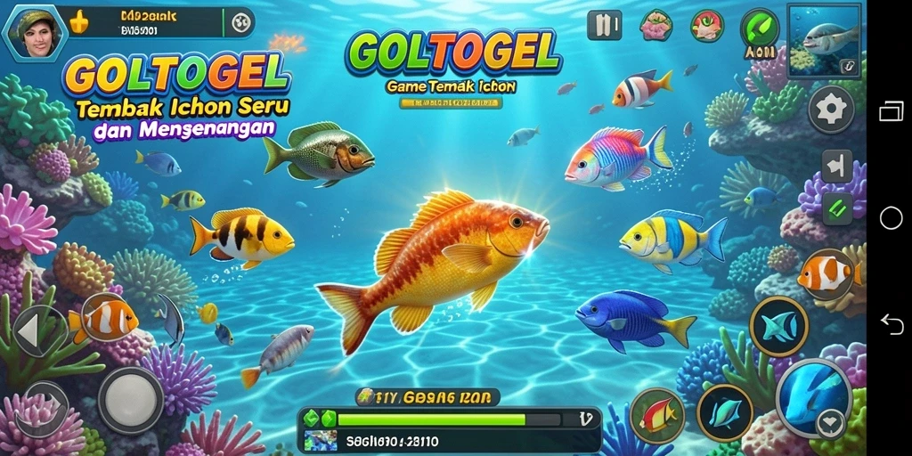 Gameplay seru GOLTOGEL dengan menembak ikan berwarna-warni.