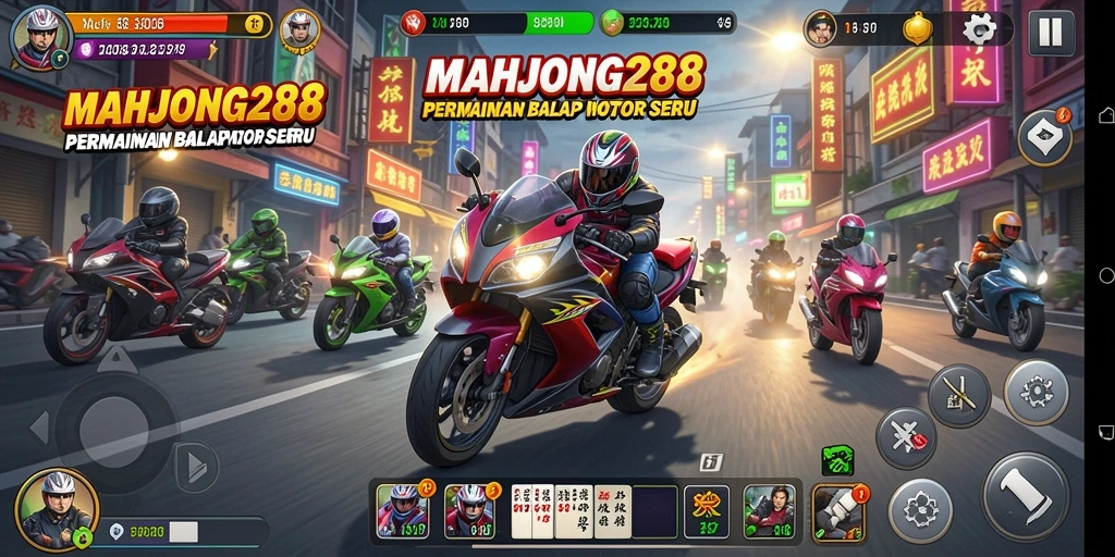 Tampilan gameplay seru dari MAHJONG288 dengan balapan motor menegangkan.