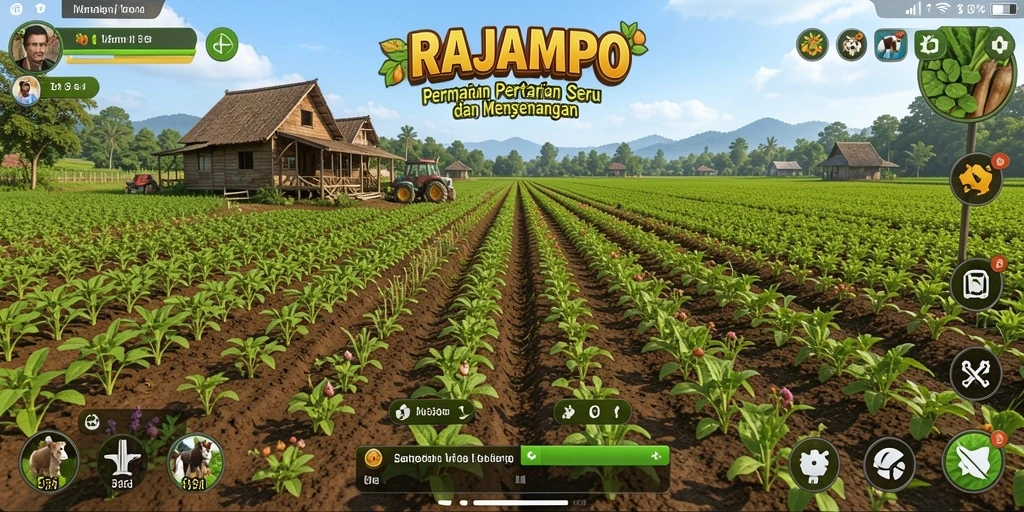 Tangkapan layar permainan <strong>RAJAMPO</strong> yang menunjukkan aktivitas pertanian yang seru.